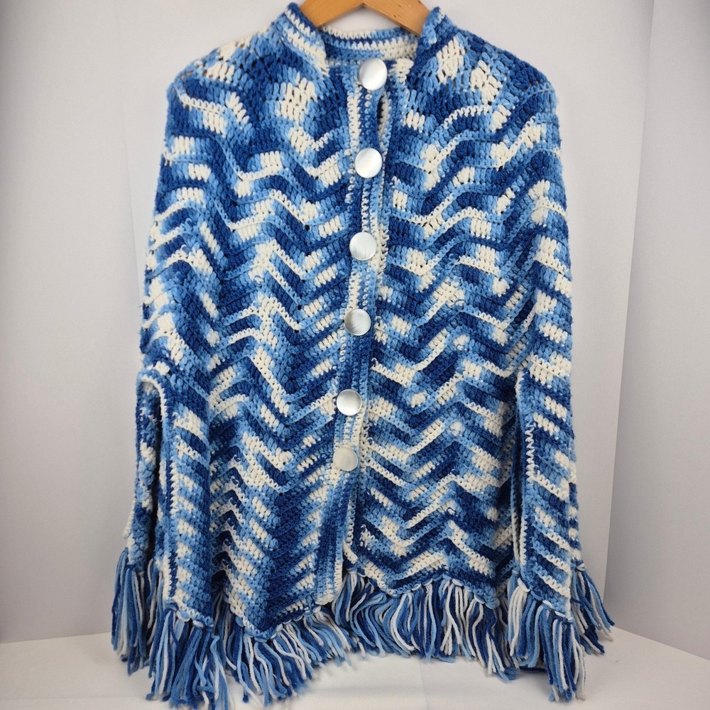 Vtg 70s 80s Crochet Poncho Blue White Chevron Fringe Handmade‎ Boho Hippie Cape